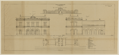 217582 Aanzichten van de voor- en zijgevel van het stationsgebouw van de Staatsspoorwegen te Utrecht, met aanzicht en ...
